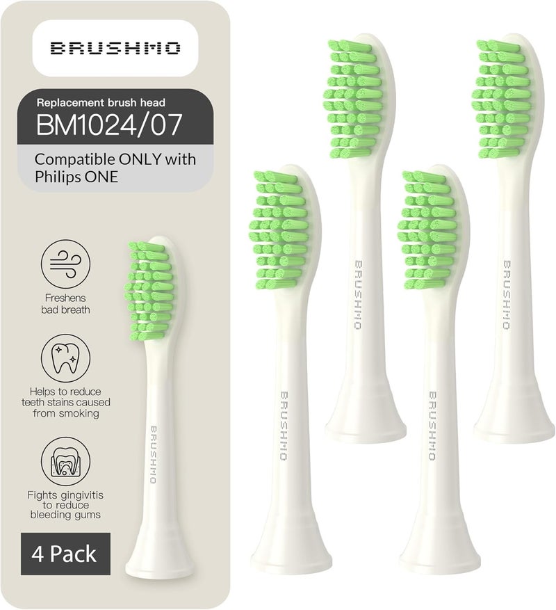 Brushmo Replacement Toothbrush Heads, Compatible with Philips One for Sonicare Electric Toothbrush Handles HY1022, 4 Standard Heads with Tongue Cleaner, Soft Dupont Bristles, BM124m, Snow White - Image 1